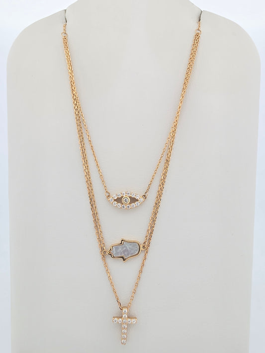 Triple Layered Evil Eye, Hamsa & Cross Necklace TR000001639GA